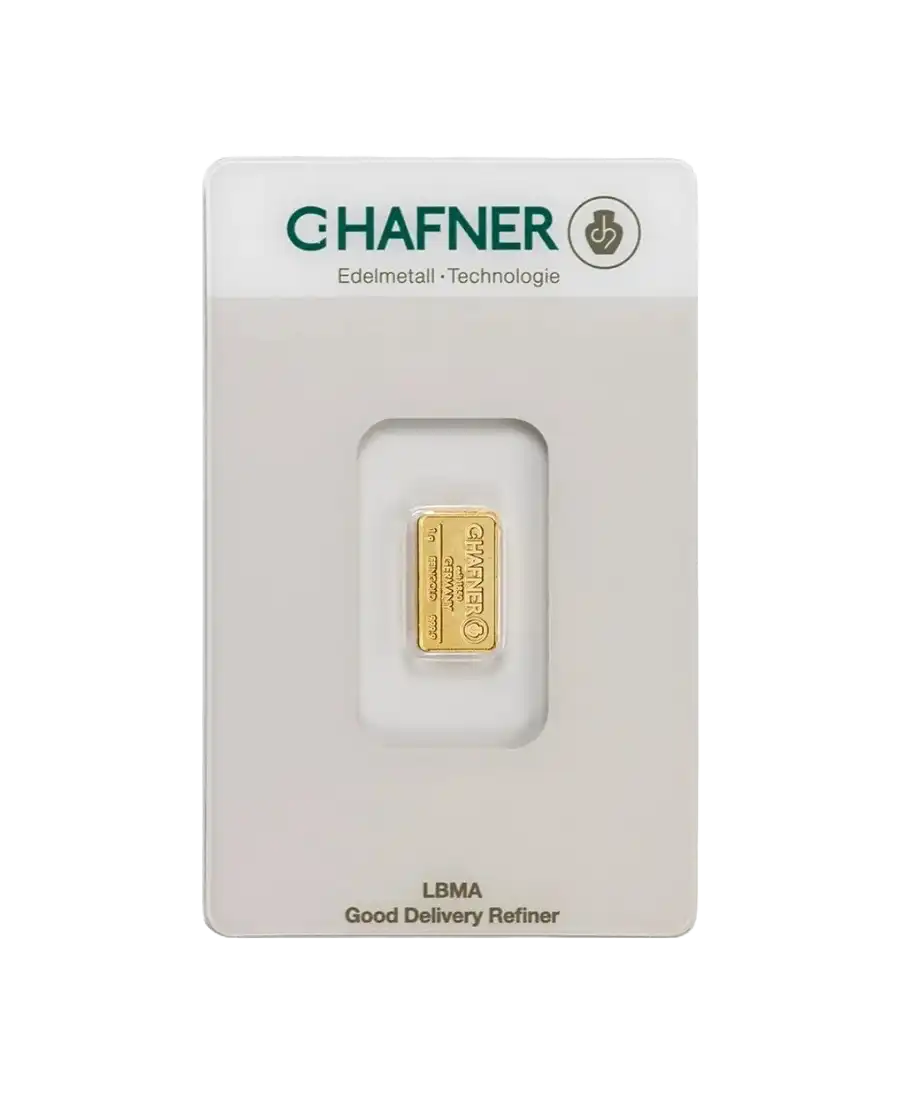 avant du lingot étampé de 1 Gramme de C. HAFNER d'or pur 24K en vente disponible chez VIRTU LUXURY avant du lingot étampé de 1 Gramme de C. HAFNER d'or pur 24K en vente disponible chez VIRTU LUXURY