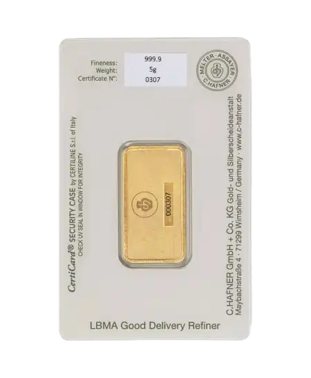 arrière du lingotin 5 Grammes de C. HAFNER d'or pur 24K en vente disponible chez VIRTU LUXURY