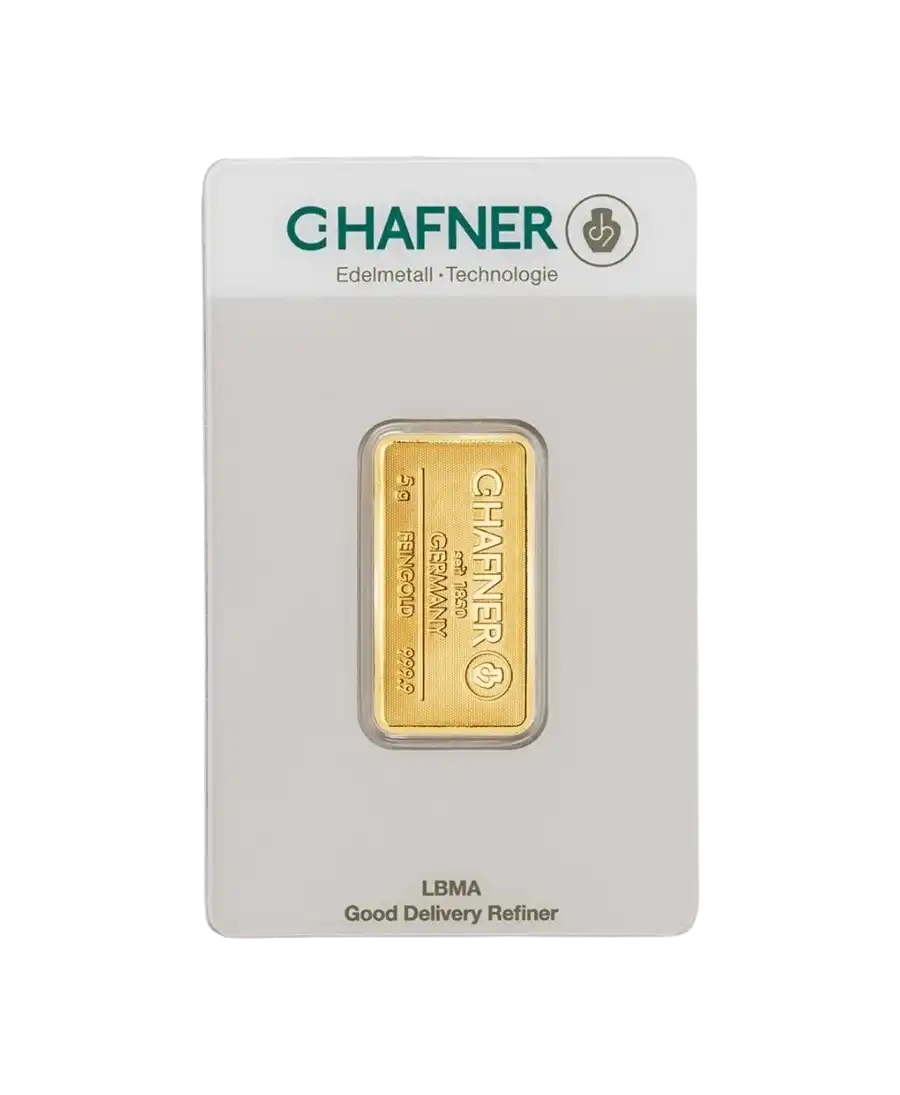 avant du lingot de 5 Grammes de C. HAFNER d'or pur 24K en vente disponible chez VIRTU LUXURY avant du lingot de 5 Grammes de C. HAFNER d'or pur 24K en vente disponible chez VIRTU LUXURY