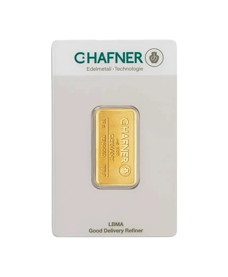 avant du lingotin étampé de 10 Grammes de C. HAFNER d'or pur 24K recyclé en vente disponible chez VIRTU LUXURY