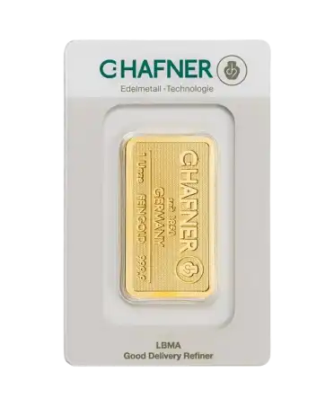 由 VIRTU LUXURY 出售的 1 盎司 24K 纯金 C. HAFNER 金条正面