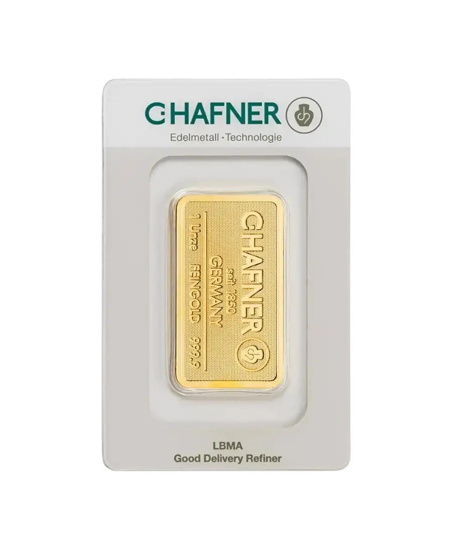由 VIRTU LUXURY 出售的 1 盎司 24K 纯金 C. HAFNER 金条正面
