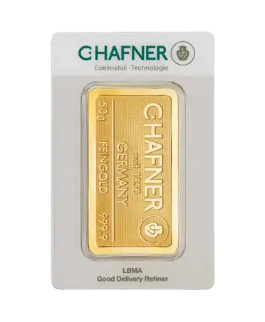 VIRTU LUXURY 出售的 C. HAFNER 50克 24K 纯金钢印金条正面