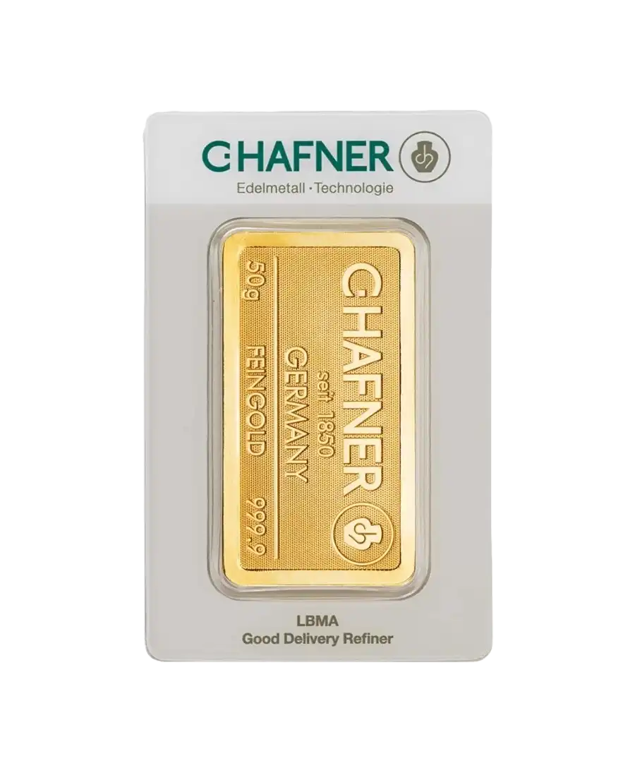 avant du lingot étampé de 50 Grammes de C. HAFNER d'or pur 24K en vente disponible chez VIRTU LUXURY avant du lingot étampé de 50 Grammes de C. HAFNER d'or pur 24K en vente disponible chez VIRTU LUXURY