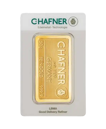 VIRTU LUXURY 出售的 C. HAFNER 50克 24K 纯金钢印金条正面