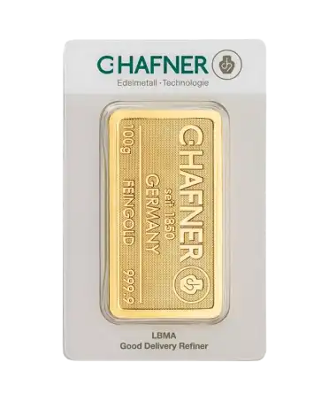 avant du lingot de 100 Grammes de C. HAFNER d'or pur 24K en vente disponible chez VIRTU LUXURY