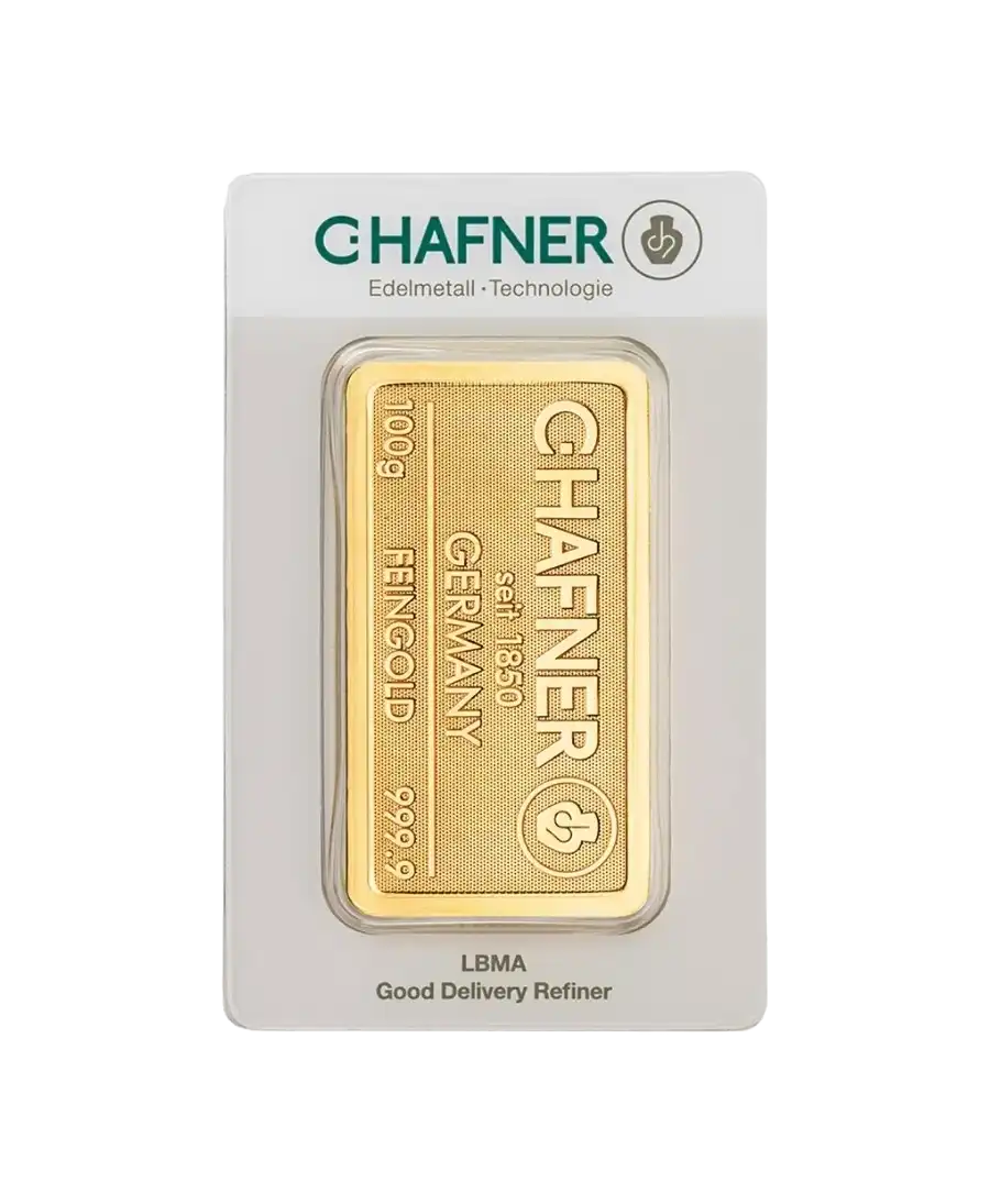 avant du lingot de 100 Grammes de C. HAFNER d'or pur 24K en vente disponible chez VIRTU LUXURY avant du lingot de 100 Grammes de C. HAFNER d'or pur 24K en vente disponible chez VIRTU LUXURY