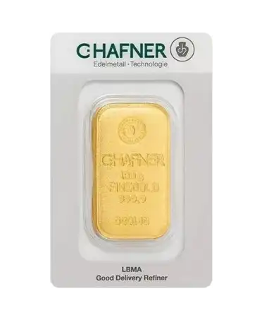 C. HAFNER 100克纯金 24K 铸造金条正面，在 VIRTU LUXURY 有售