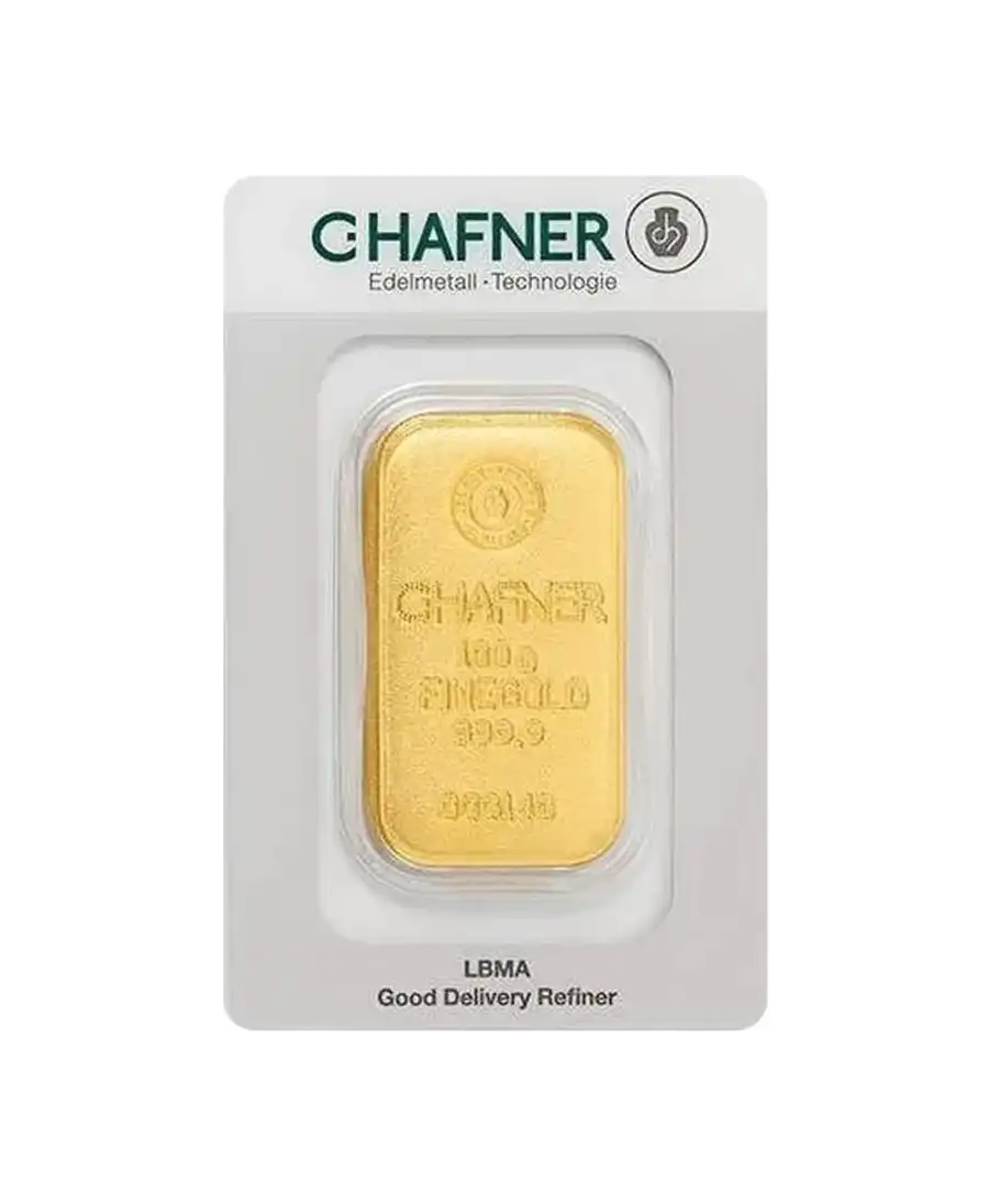 VIRTU LUXURY 现货发售的 C. HAFNER 24K 纯金 100 克铸造金条正面 VIRTU LUXURY 现货发售的 C. HAFNER 24K 纯金 100 克铸造金条正面