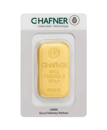 avant du lingot coulé de 100 Grammes coulé de C. HAFNER d'or pur 24K en vente disponible chez VIRTU LUXURY