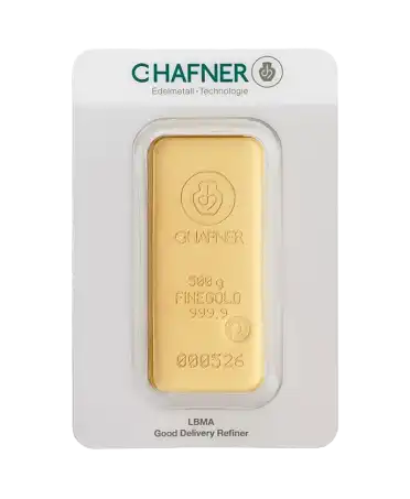 VIRTU LUXURY 出售的 C. HAFNER 500克 24K 纯回收金铸造金条正面