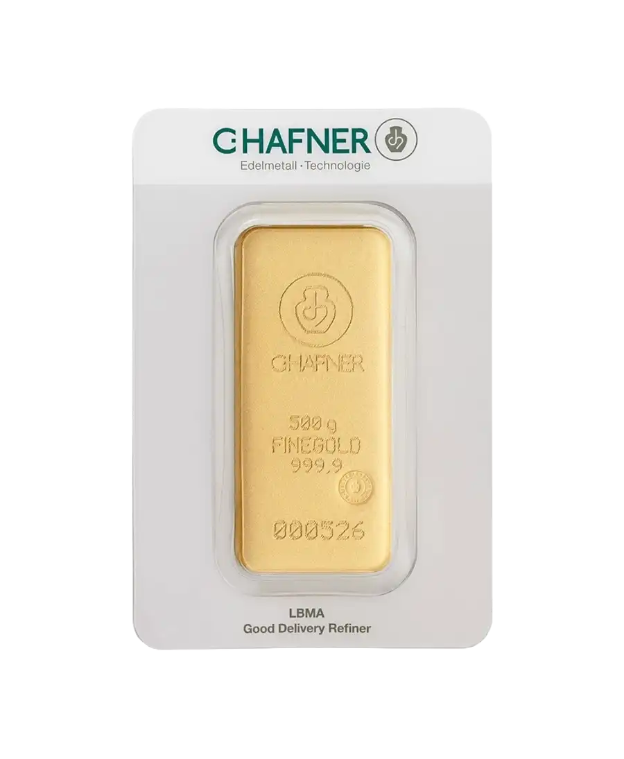 avant du lingot coulé de 500 Grammes de C. HAFNER d'or pur 24K recyclé en vente disponible chez VIRTU LUXURY avant du lingot coulé de 500 Grammes de C. HAFNER d'or pur 24K recyclé en vente disponible chez VIRTU LUXURY