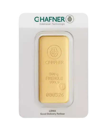 VIRTU LUXURY 出售的 C. HAFNER 500克 24K 纯回收金铸造金条正面