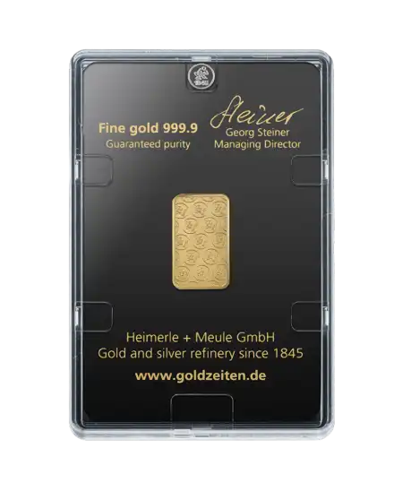 arrière du lingotin Cinq Grammes de HEIMERLE + MEULE d'or pur 24K en vente disponible chez VIRTU LUXURY