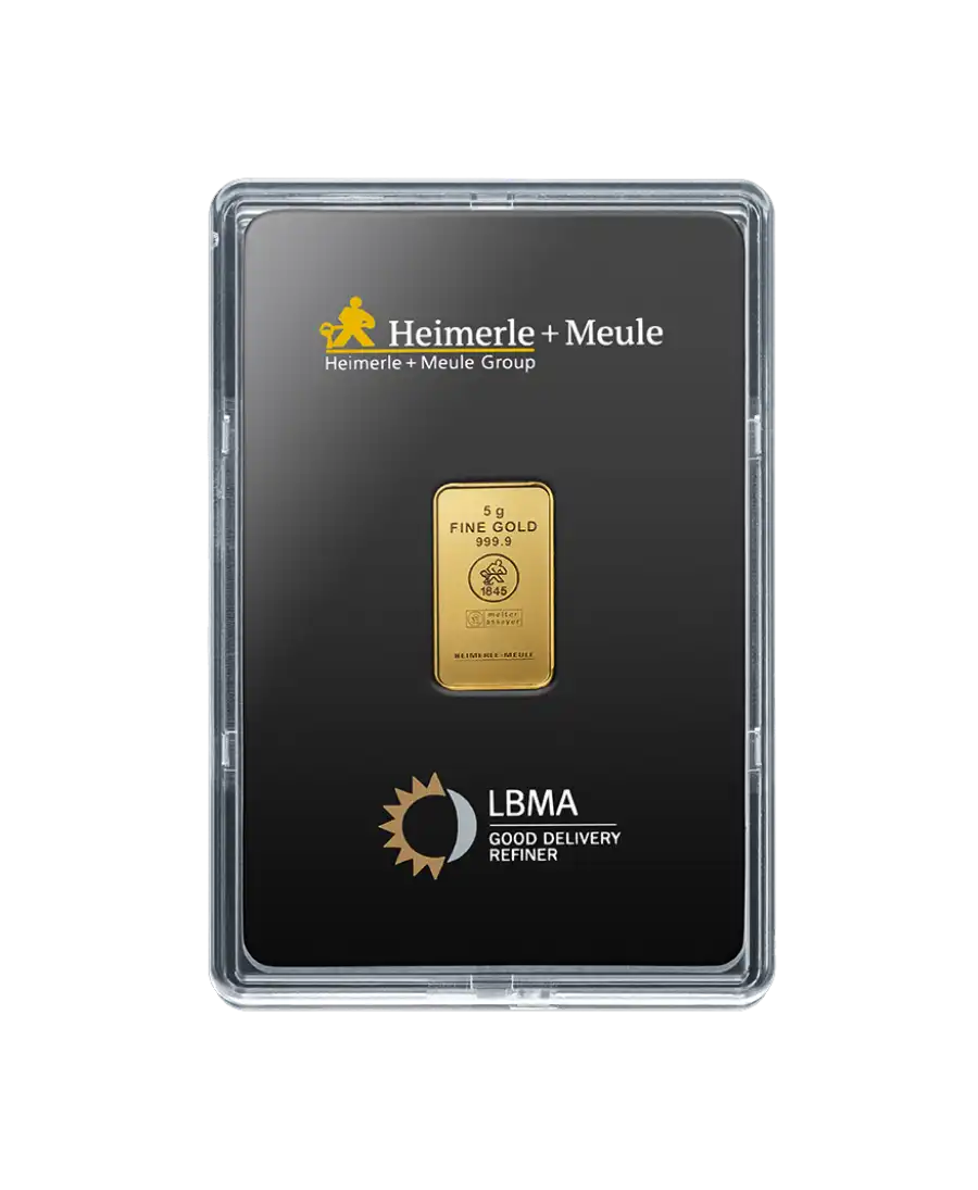 avant du lingot de 5 Grammes de HEIMERLE ET MEULE d'or pur 24K en vente disponible chez VIRTU LUXURY