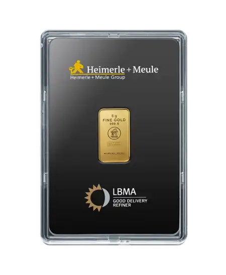 avant du lingot de 5 Grammes de HEIMERLE ET MEULE d'or pur 24K en vente disponible chez VIRTU LUXURY