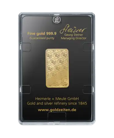 HEIMERLE + MEULE 24K纯金回收20克金条背面，可在VIRTU LUXURY购买