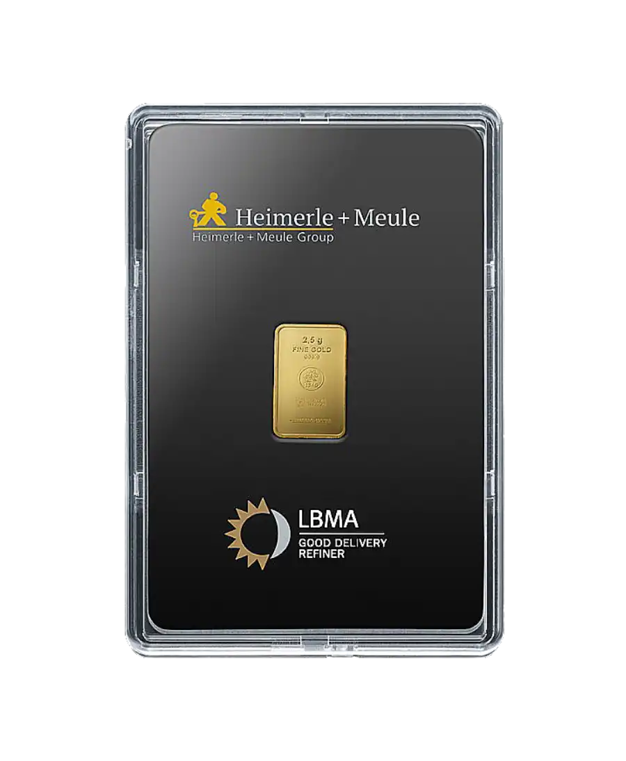 HEIMERLE + MEULE 1克 24K 纯再生金小金条正面，在 VIRTU LUXURY 发售