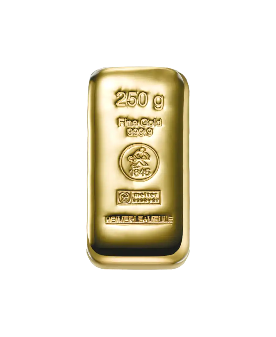lingot coulé HEIMERLE ET MEULE de 250 Grammes d'or pur 24K disponible chez VIRTU LUXURY lingot coulé HEIMERLE ET MEULE de 250 Grammes d'or pur 24K disponible chez VIRTU LUXURY