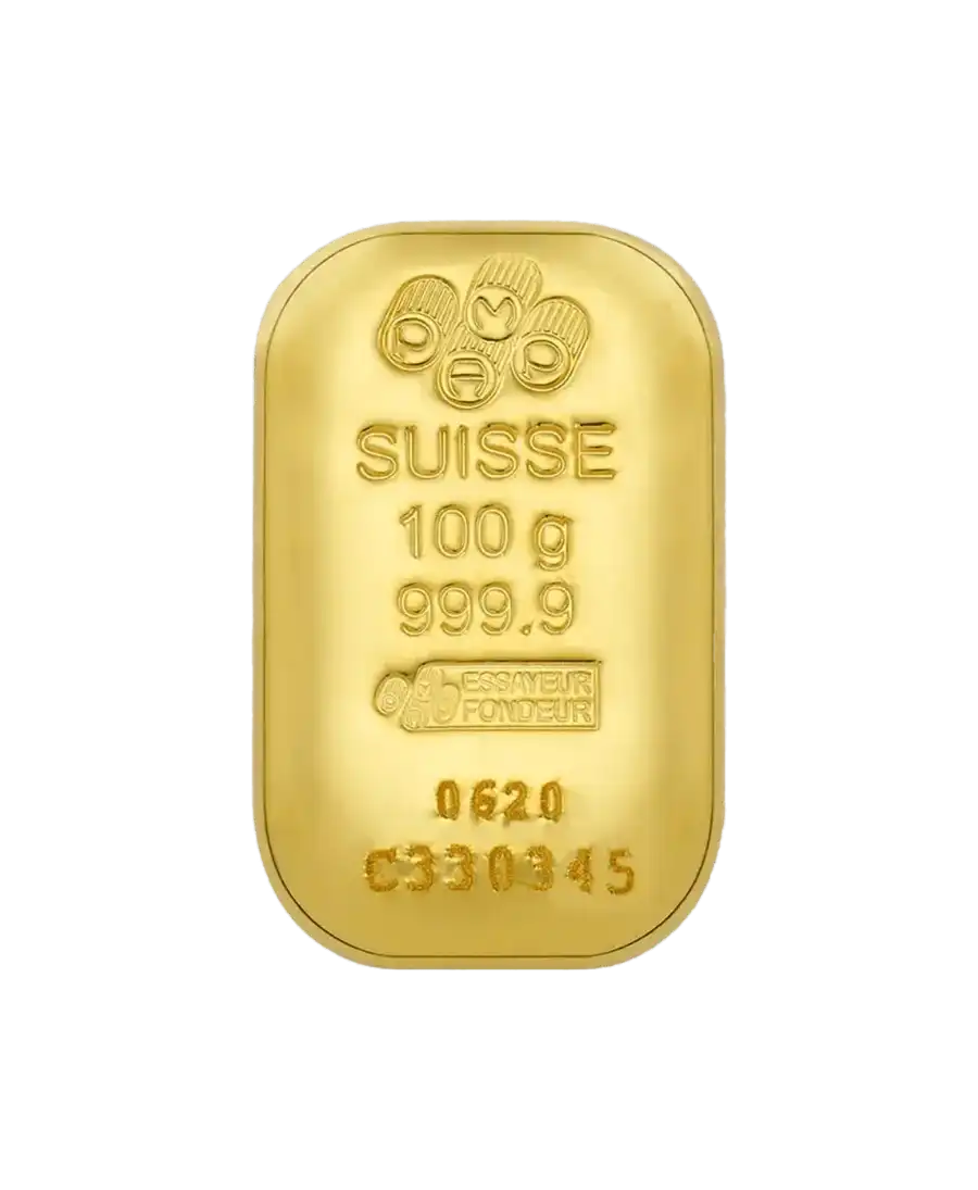 avant du lingot 100 Grammes de PAMP d'or pur 24K recyclé en vente disponible chez VIRTU LUXURY avant du lingot 100 Grammes de PAMP d'or pur 24K recyclé en vente disponible chez VIRTU LUXURY