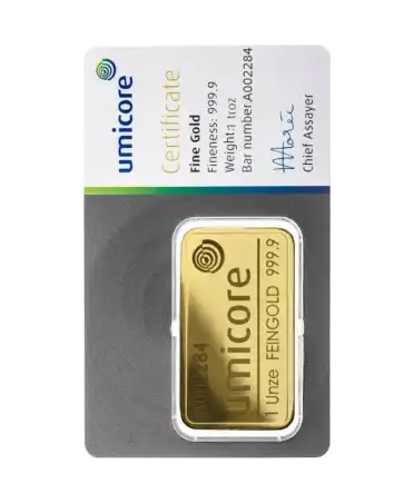UMICORE 24K纯金回收金条一盎司正面，可在VIRTU LUXURY购买
