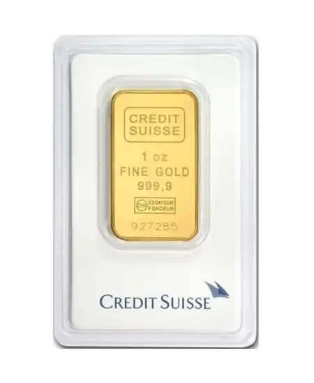 avant du lingotin frappé de 1 Onces du CRédit Suisse d'or pur 24K recyclé en vente disponible chez VIRTU LUXURY