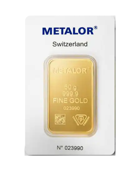 avant du lingot étampé de 50 Grammes d'or pur 24K de chez METALOR en vente disponible chez VIRTU LUXURY