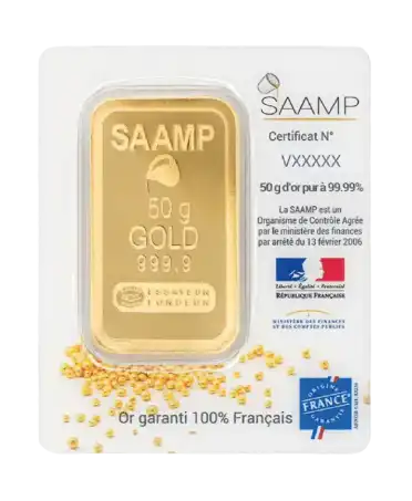 VIRTU LUXURY 出售的 SAAMP 50克 24K 纯金金条正面