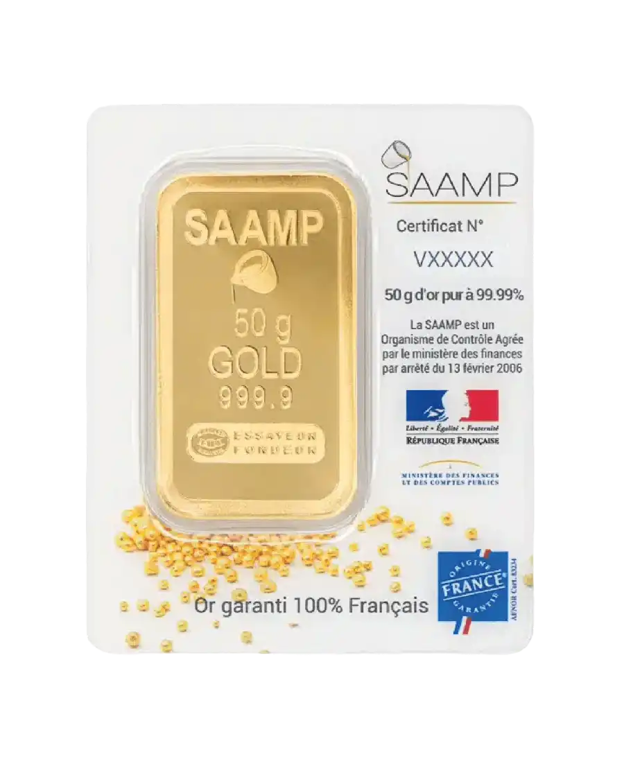 avant du lingot de 50 Grammes d'or SAAMP pur 24K en vente disponible chez VIRTU LUXURY avant du lingot de 50 Grammes d'or SAAMP pur 24K en vente disponible chez VIRTU LUXURY