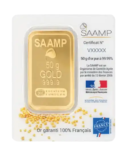 VIRTU LUXURY 出售的 SAAMP 50克 24K 纯金金条正面