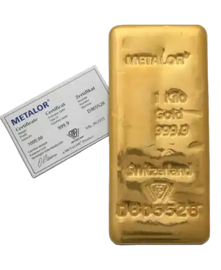 Lingot D'OR coulé de 1 Kg METALOR d'or pur 24K disponible en vente chez VIRTU LUXURY